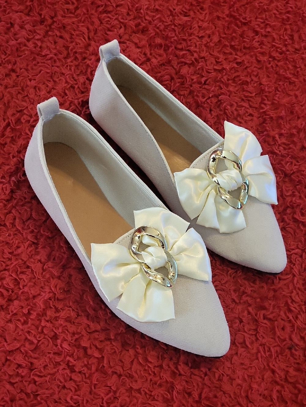 Pointed Toe Women's Flats with Cream Bow and Gold Accent